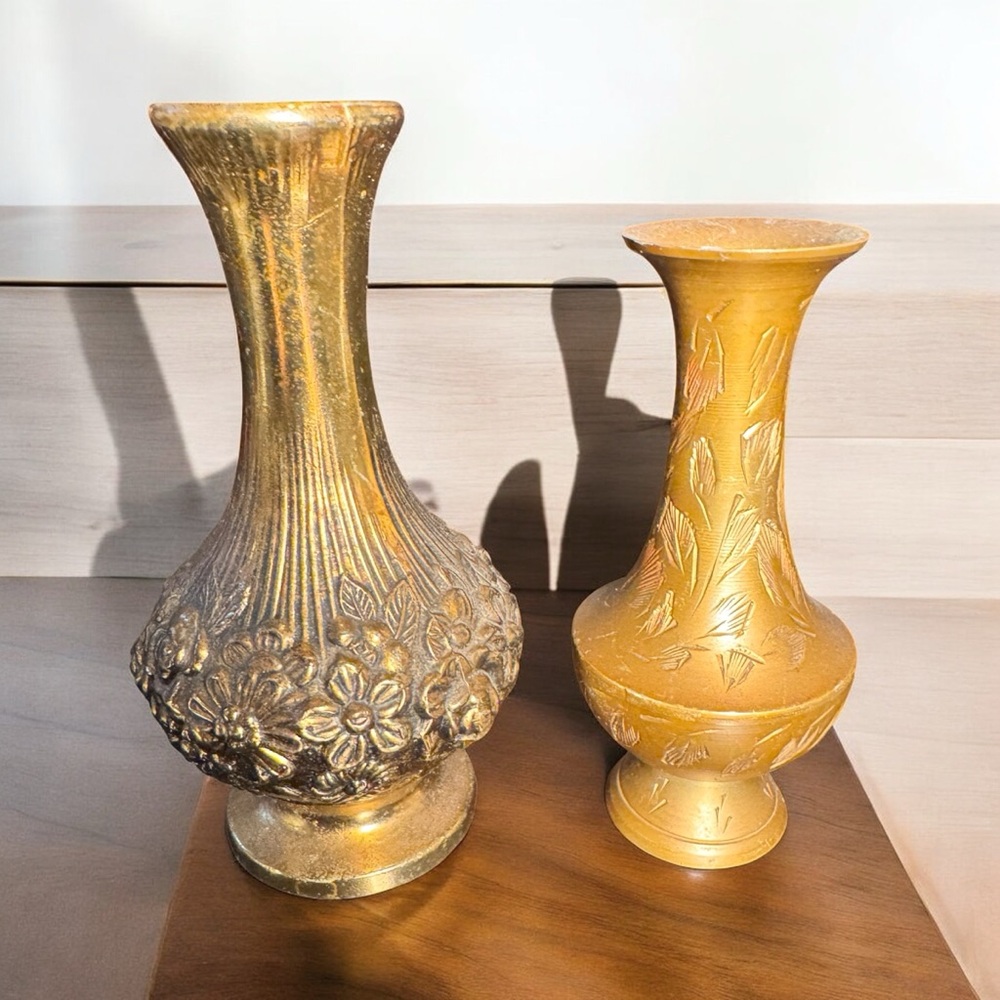 small vintage etched brass vase floral leaf flower bud holder decorative set 2